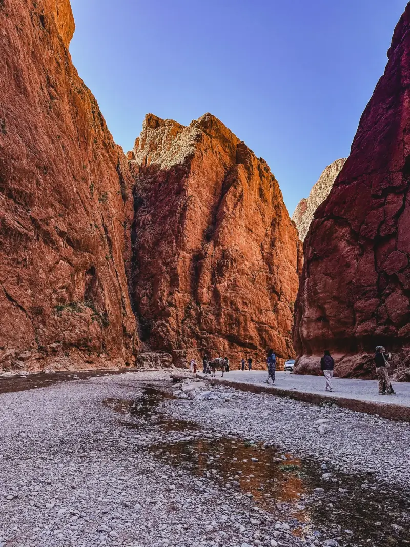 Sheer red rock walls of a narrow gorge in the Atlas Mountains with a shallow river on the canyon floor