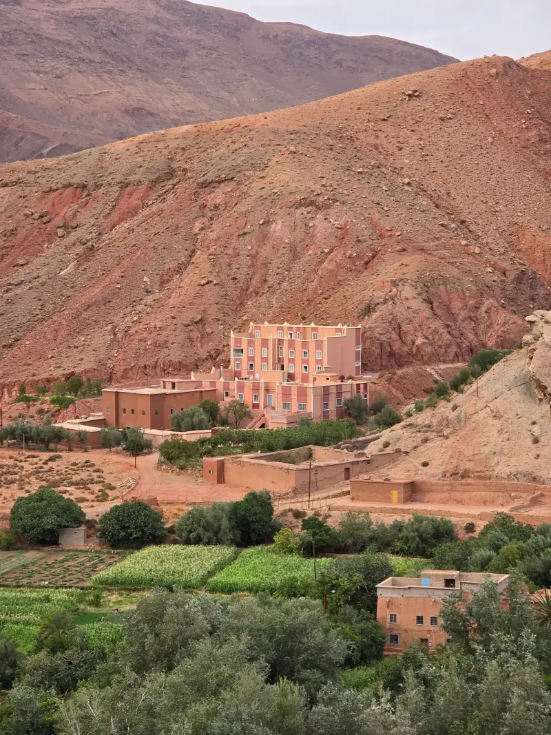 Pink and ochre village houses set into a dry Atlas mountainside above green terraced gardens