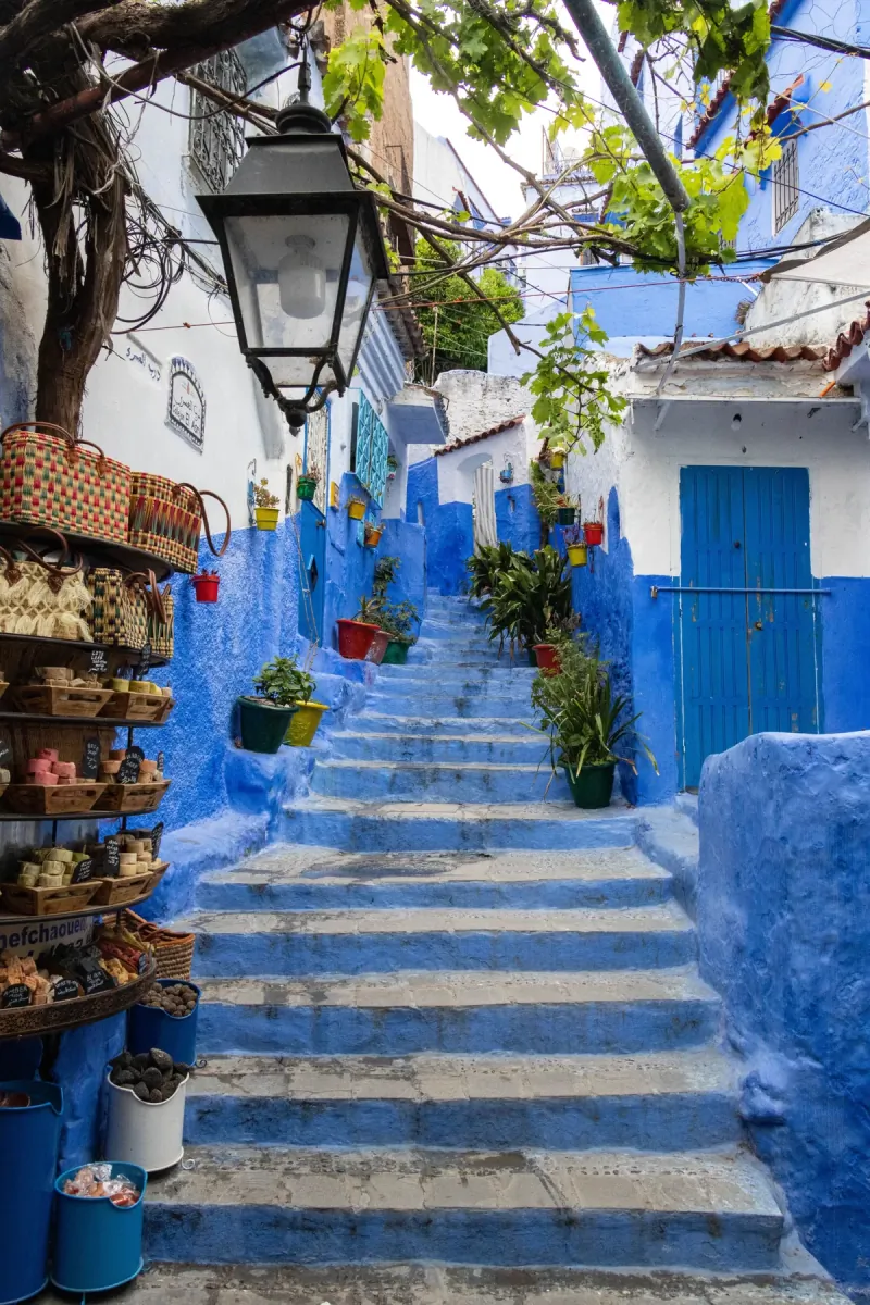 Blue staircase in Chefchaouen lined with shops, flower pots and a wrought-iron street lamp