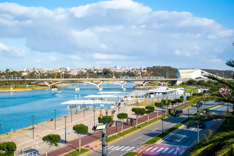 Bouregreg river in Rabat with the bridge, marina and modern buildings on the far bank
