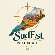 SudEst Nomad Travel logo: a map of Morocco filled with a desert, medina and coast illustration